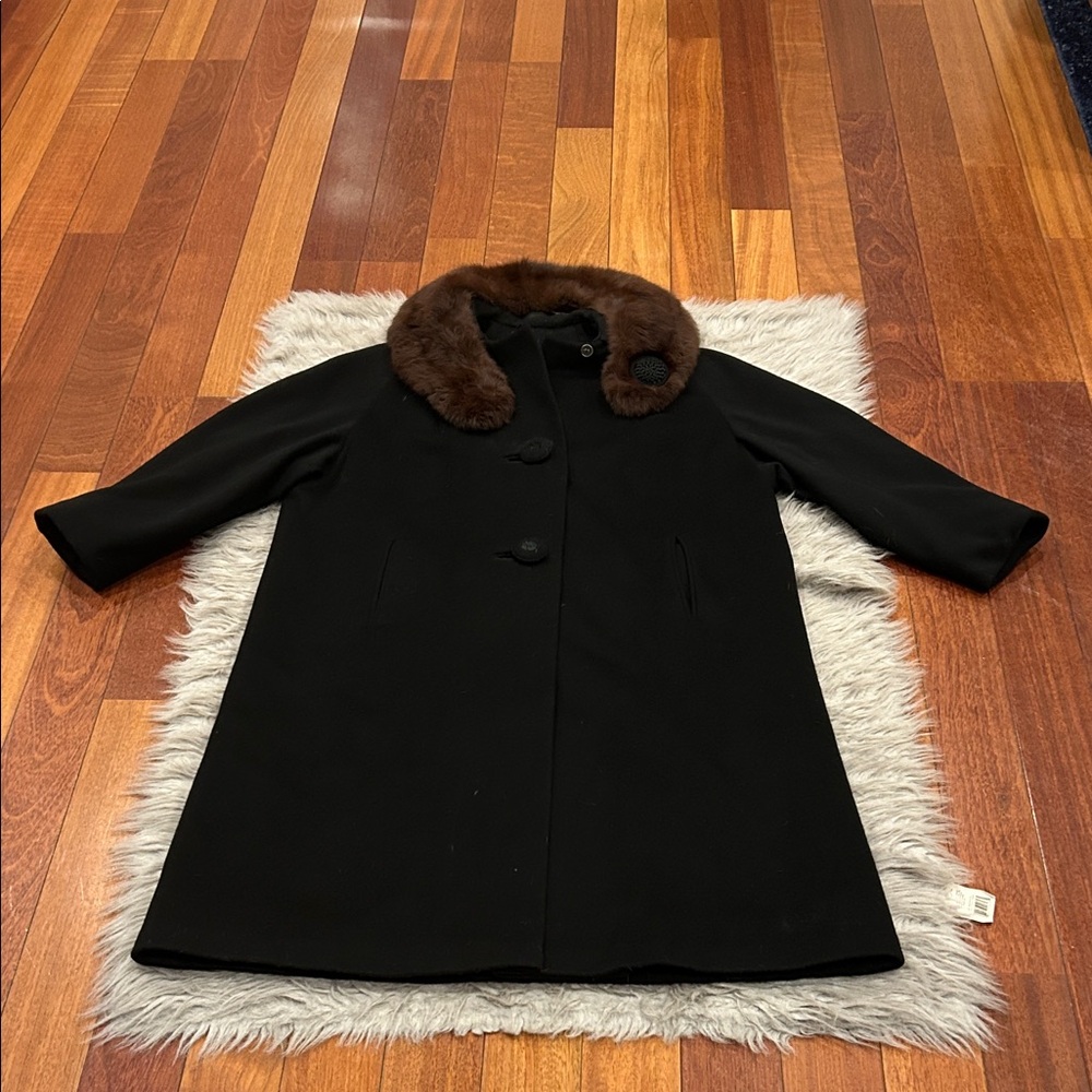 Carol Brent Vintage black long wool coat with real fur‎ collar